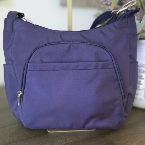 Travelon Anti-Theft Crossbody Bucket Bag In Eggplant Purple - Picture 2 of 10